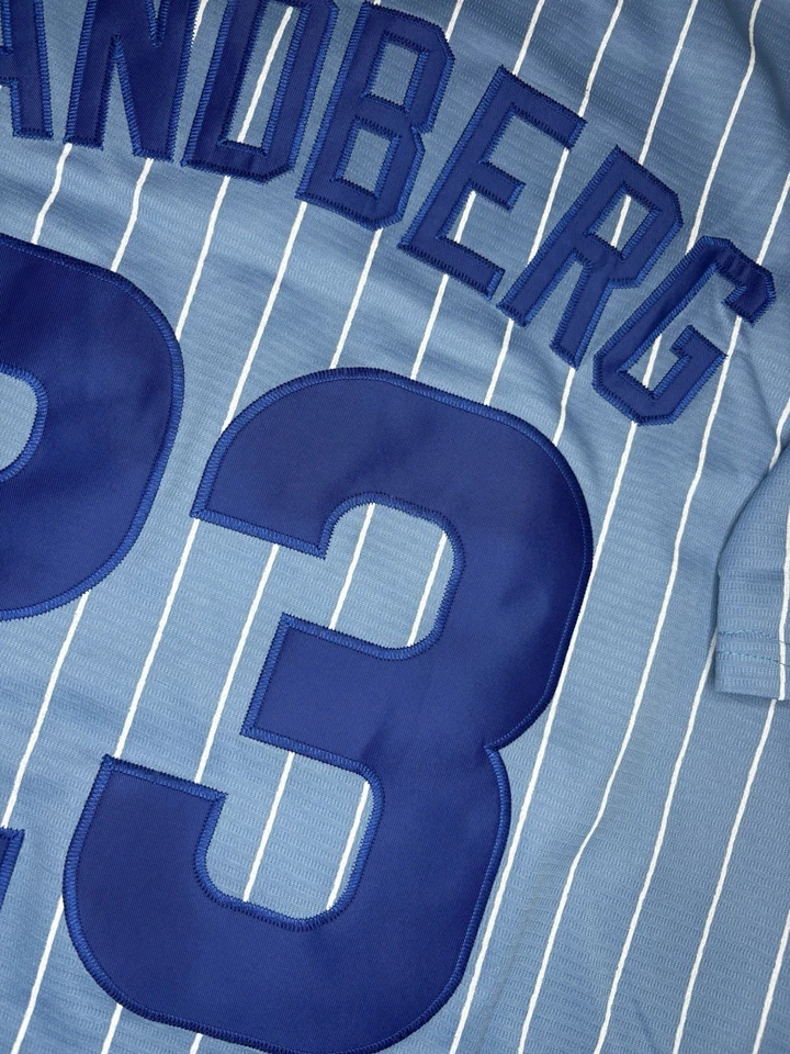 Camiseta deportiva Ryne Sandberg Chicago Cubs años 70 Wrigley azul Cooperstown grande para hombre Foto 3 de 3