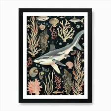 Blacktip Reef Shark Seascape Black  Framed Wall Art Poster Canvas Print Picture