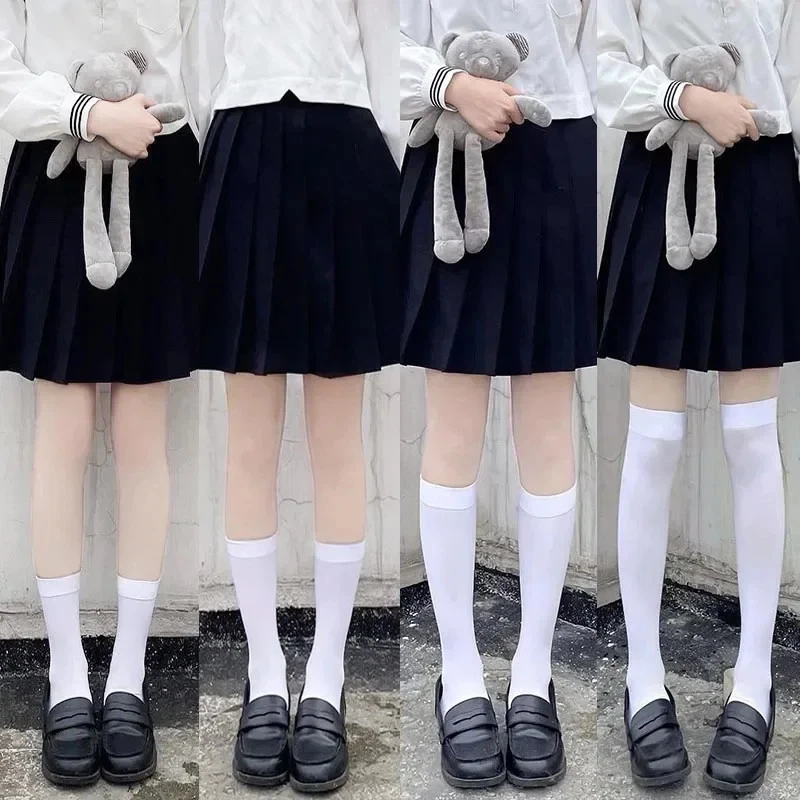 1 pieza Calcetines Mujer Medias Hasta el Muslo Negro Blanco JK Escuela Lolita Hasta la Rodilla Foto 2 de 4