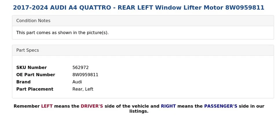 AUDI A4 QUATTRO 2017-2024 - Motor elevalunas trasero izquierdo 8W0959811 Foto 4 de 4