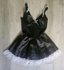 Frederick s of Hollywood Maid Costume Dress Lingerie Black Satin Lace Ruffle M