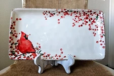 New Potter’s Studio Christmas Red Cardinal Holly Berries Serving Platter Tray