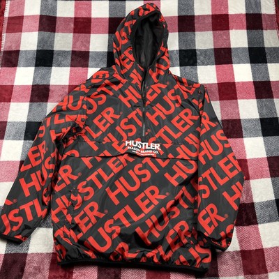 Hustler Jacket Mens L Half-Zip Anork Red Black Hooded Allover Print Reason Brand