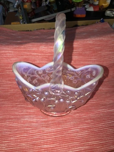 Vintage Fenton Pink Opalescent Lily of the Valley Iridescent Glass Footed Basket