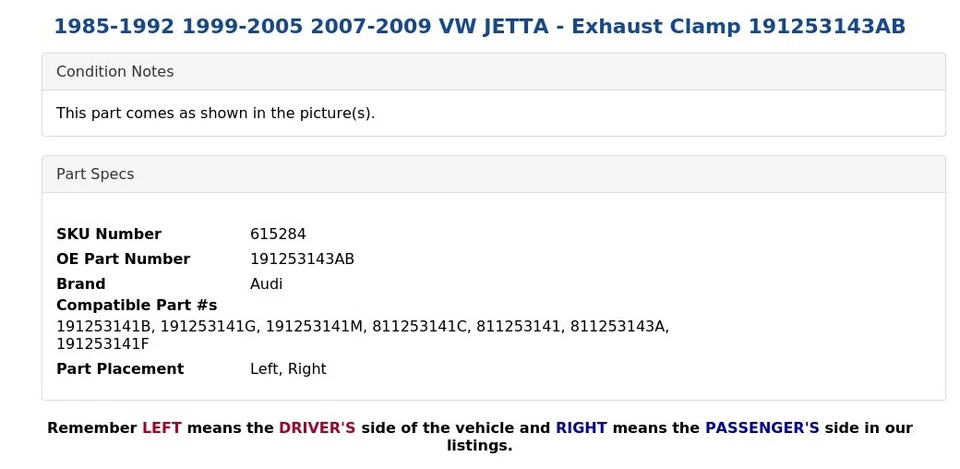 1985-1992 1999-2005 2007-2009 VW JETTA - Braçadeira de escape 191253143AB - Imagem 3 de 3