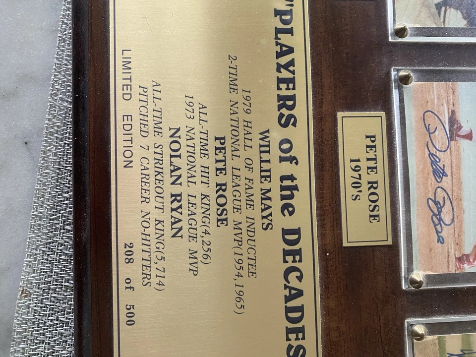 Willie Mays-PeteRose-Nolan Ryan autographed plaque , authenticated   - Image 2 of 4