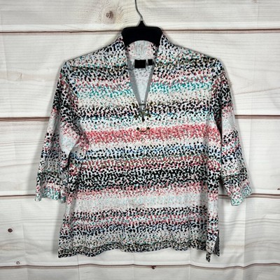 Rafaella Top Womens 2X Multicolor Cotton T-Shirt Printed 3/4 Sleeve Lace Up Neck