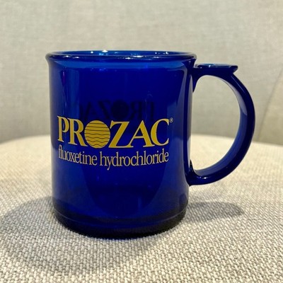 PROZAC   Cobalt Blue Plastic Coffee Mug Cup Lilly   Pharma Drug Advertising