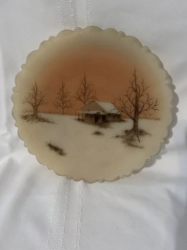 Fenton Custard Satin Glass Sunset Plate Vintage Hand Painted and Artist SIgned