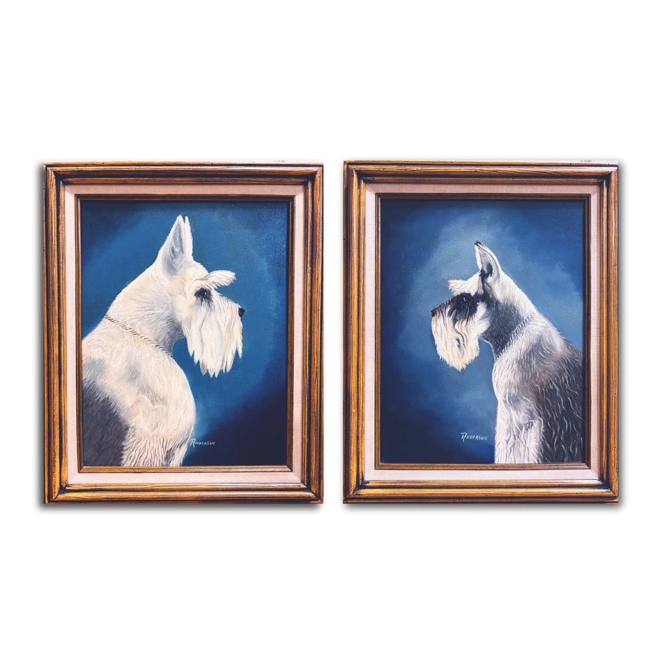 Juego de 2 retratos de pintura al óleo conmemorativa vintage de perros Schnauzer, arte de pared para perros Foto 2 de 4