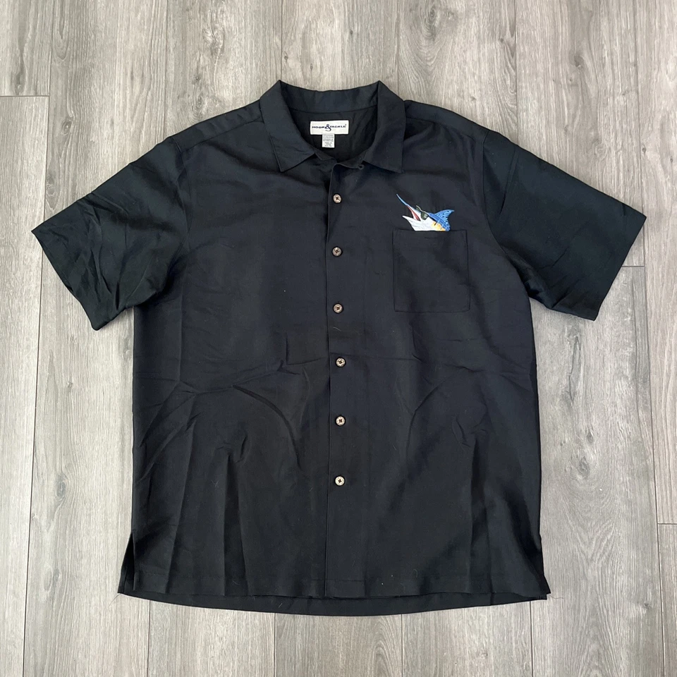 Hook & Tackle Mens XL Button Up Short Sleeve Black Embroidered - Image 2 of 4