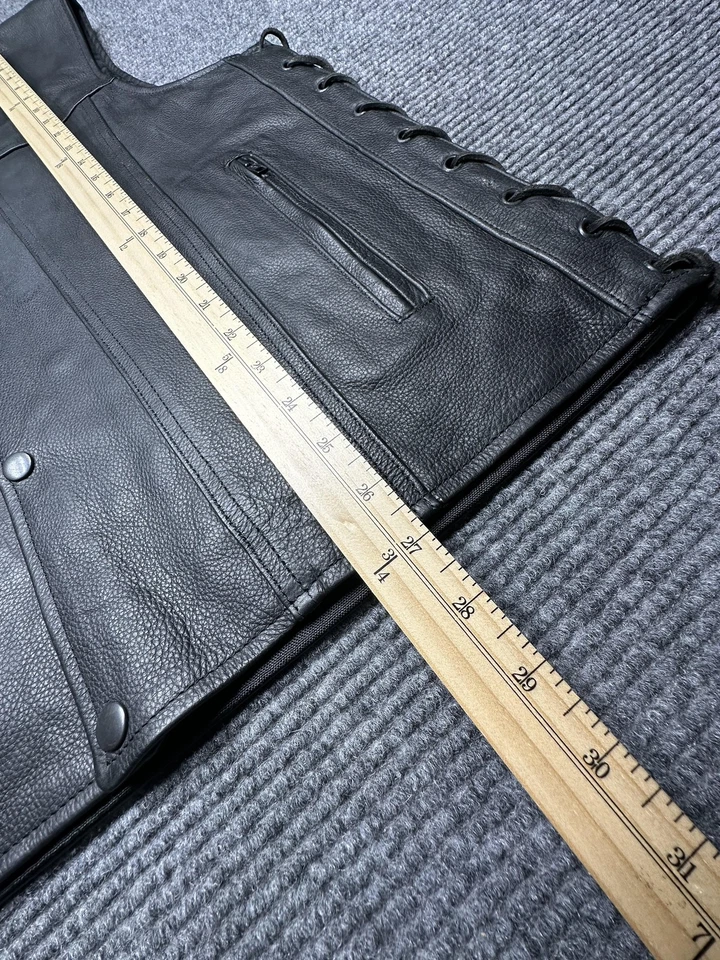 Unik Leather Vest Mens Large Motorcycle Biker Zip Pockets Laced Sides - Image 2 of 4