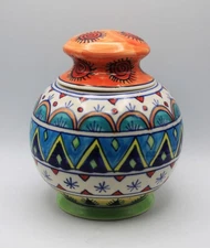Contemporary Made In India Stoneware Pottery Hand Painted Lidded Jar