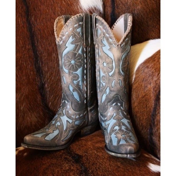 Lane Jolene Tooled Inlay Floral Snip Toe Tall Cowboy Boots 7 Blue Grey Western