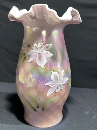 Fenton PURPLE LAVENDAR Overlay Lilies Hurricane Candle Lamp NO STAND