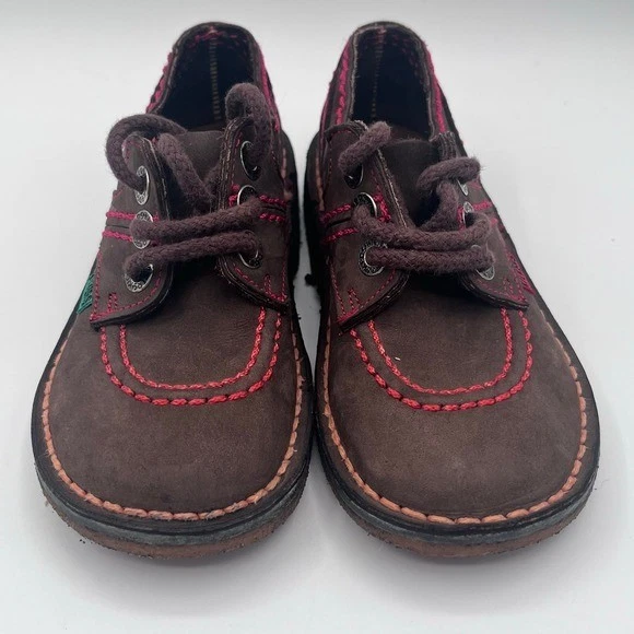 Zapatos Kickers Niños Talla 28 Cuero Marrón Hechos en Francia Puntada Rosa Con Cordones Foto 2 de 4