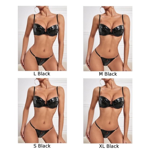 Lady Bra Set Party Patent Leather Sexy Thong Underwear Wet Look Womens - Picture 12 of 17