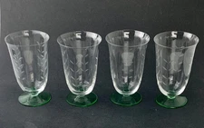 Vintage Iced Tea / Water Drinking Glasses Etched Green Base  set  of 4