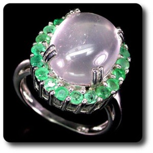 Authentic Rose Quartz & Emerald Ring 925 Silver + 14K White Gold Plated