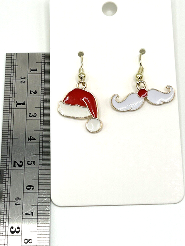 Adorable SANTA'S MOUSTACHE and HAT Enamel Dangle Drop Earrings Holiday Christmas - Picture 5 of 5