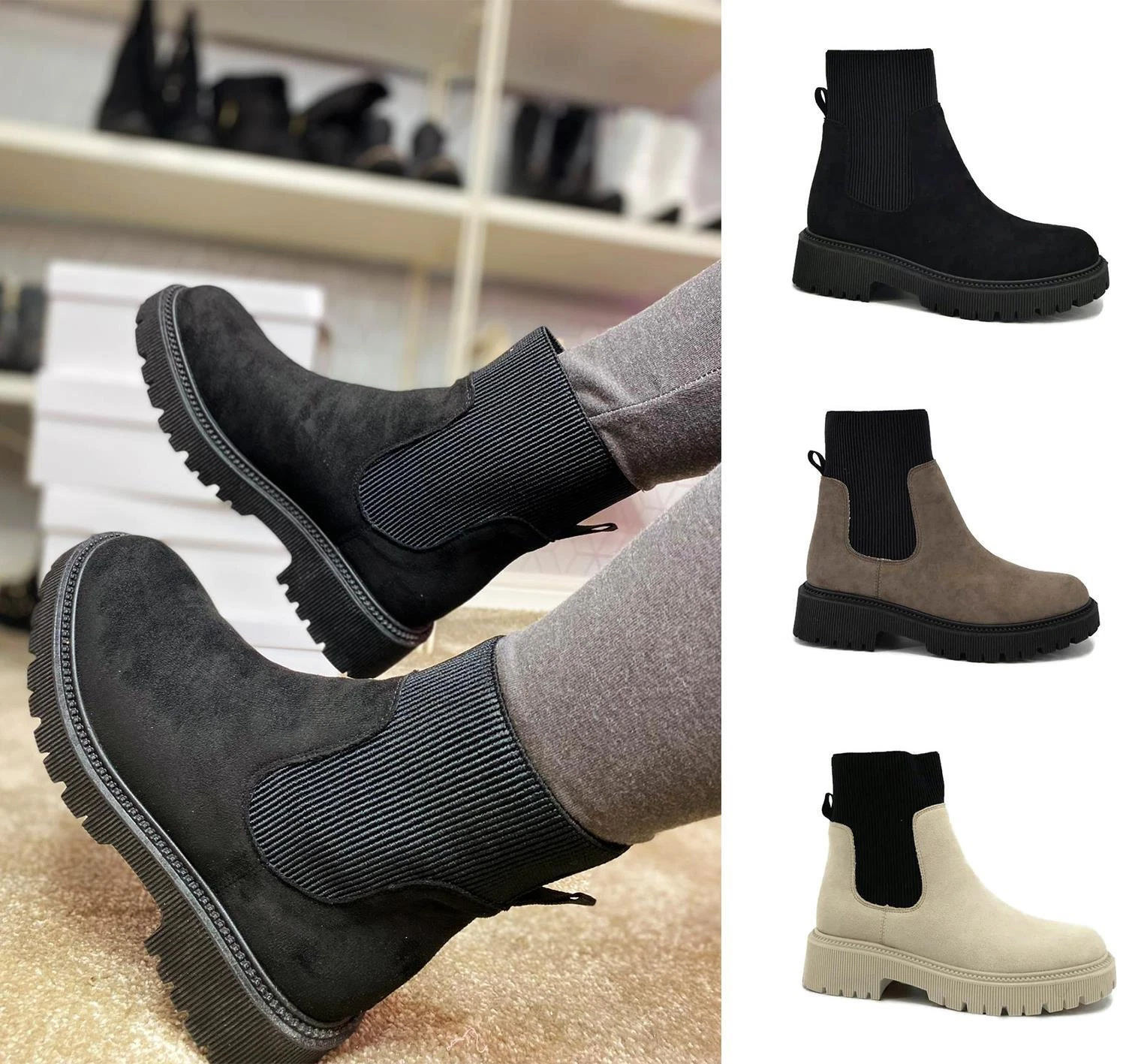 Womens Sock Ankle Boots Winter Comfy Chunky Heel Ladies Shoes