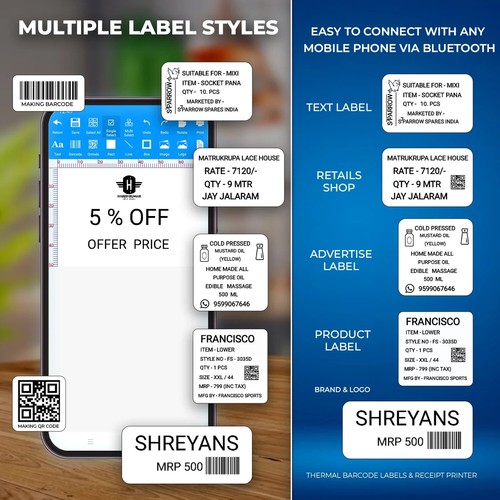 SHREYANS (SRS58D) 58mm Bluetooth Barcode Label + Receipt Printer with 1000 Label - Picture 4 of 8