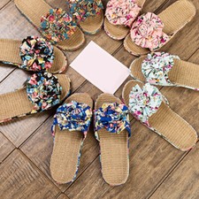 Dama Floral Zapatillas Zapatos Mezcla de Lino Puntera Abierta Antideslizante Baño Playa Informal