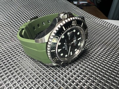 22mm GREEN Vulcanized Caoutchouc rubber Strap Fits 43mm Rolex SeaDweller Watches