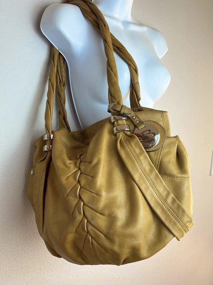 B Makowsky Hobo Leather Hand Bag Shoulder Slouch Braided Handles Large Mustard