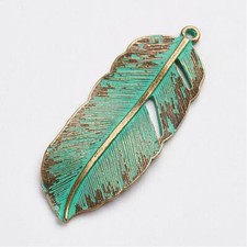 Large Feather Pendant Antique Bronze Tone Fall Verdigris Patina Aged 44mm