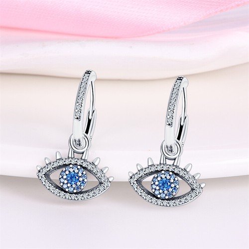 KUNSIR 925 Sterling Silver Small Evil Eye Dangle Hoop Earrings Lightweight Women - Picture 3 of 6