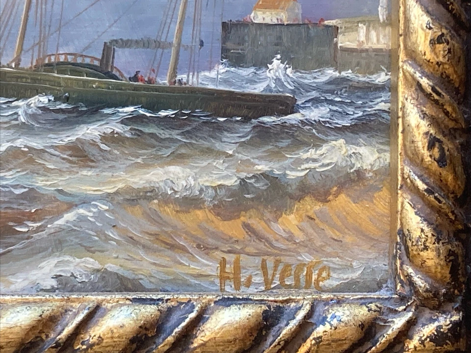 MIROIR TRUMEAU ANCIEN - TABLEAU HUILE SUR PANNEAU SIGNÉ - MER BATEAUX À VOILE - Photo 4/4