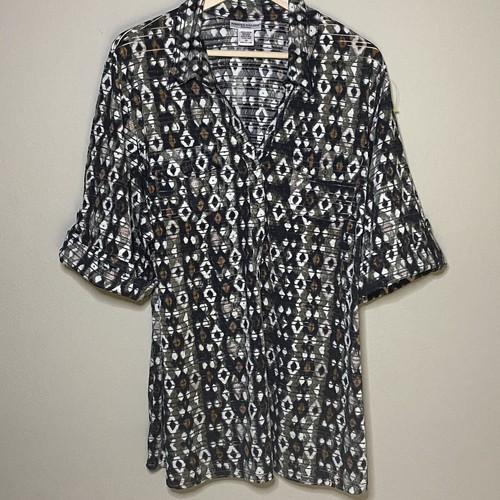 Rebecca Malone Popover Blouse Woman 2X Brown Tan Semi Sheer Lines Chest Pockets - Picture 1 of 5