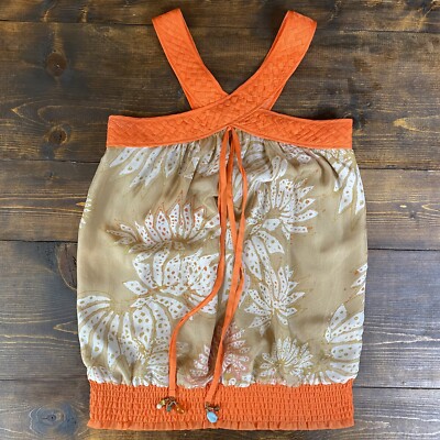 MM Couture Miss Me Women Small Silk Halter Blouse Orange Floral Beaded
