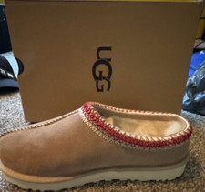 UGG Women s Beige Suede Slip-On Slippers Round Toe Embroidered Accents 8