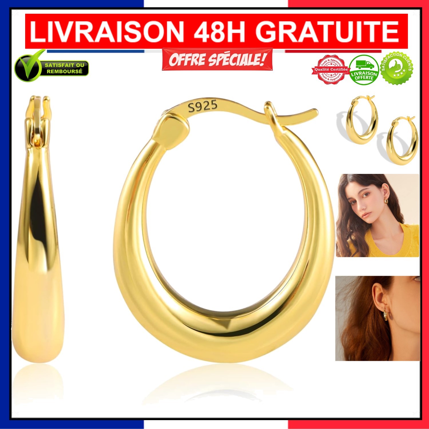 Boucles d'oreilles ovales légères ne tendant pas le lobe pour oreilles sensibles en argent