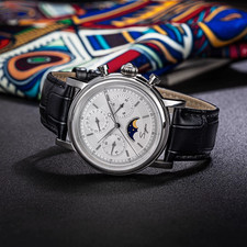 Seagull 1963 Sugess silver SWAN NECK MoonPhase Chronograph Watch Auto Mechanical