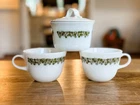 Pyrex Spring Blossom vintage tea cups with sugar bowl and lid