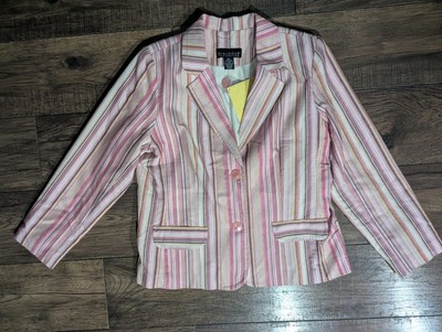 QVC Dialogue Pink Striped Blazer w/ Pink Buttons & Back Strap Size Large NWT