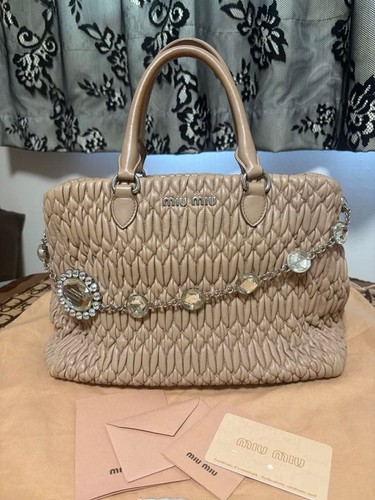 Miu Miu Nappa Crystal Matelasse Handbag Pink Beige Quilted Bijoux