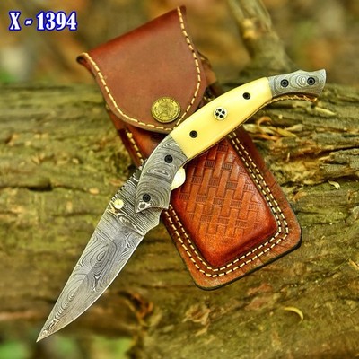 Handmade Damascus Folding Blade Pocket Knife Camel Bone Handle Rare Fish Design