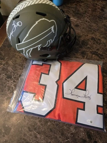 NFL BUFFALO BILLS OKLAHOMA STATE THURMAN THOMAS SIGNED JERSEY FULL SIZE HELMET