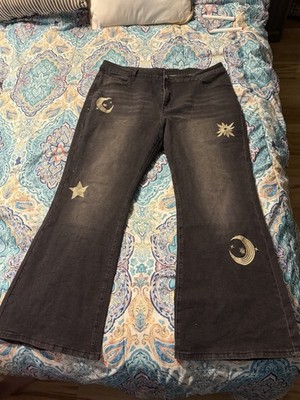 ROMWE Plus Size Black Flared Cotton Denim Jeans Embroidered Stars Pockets