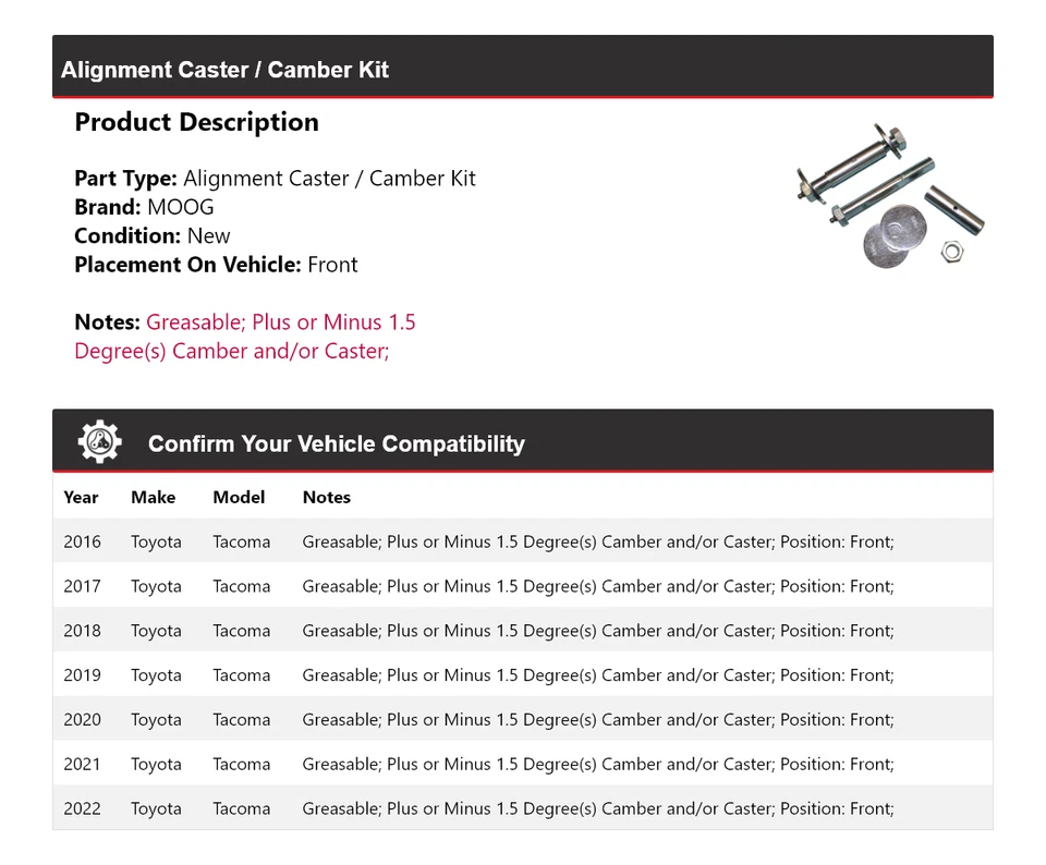 Kit de rueda de alineación/camber delantero MOOG 2016 2017 para Toyota Tacoma 2016-2022 Foto 2 de 4