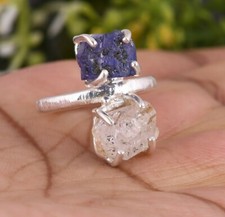 Raw herkimer diamond ring 925 sterling silver tanzanite gemstone sizable rings