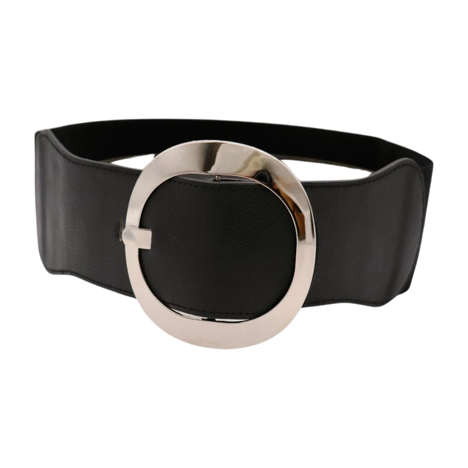 Cinturón elástico ancho de cuero sintético color negro plateado redondo hebilla de metal ajuste S Foto 4 de 4