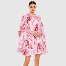 MAC DUGGAL (NWT) Pink Floral Print High Neck Ruffle Hem Cape Mini Dress, Size 0
