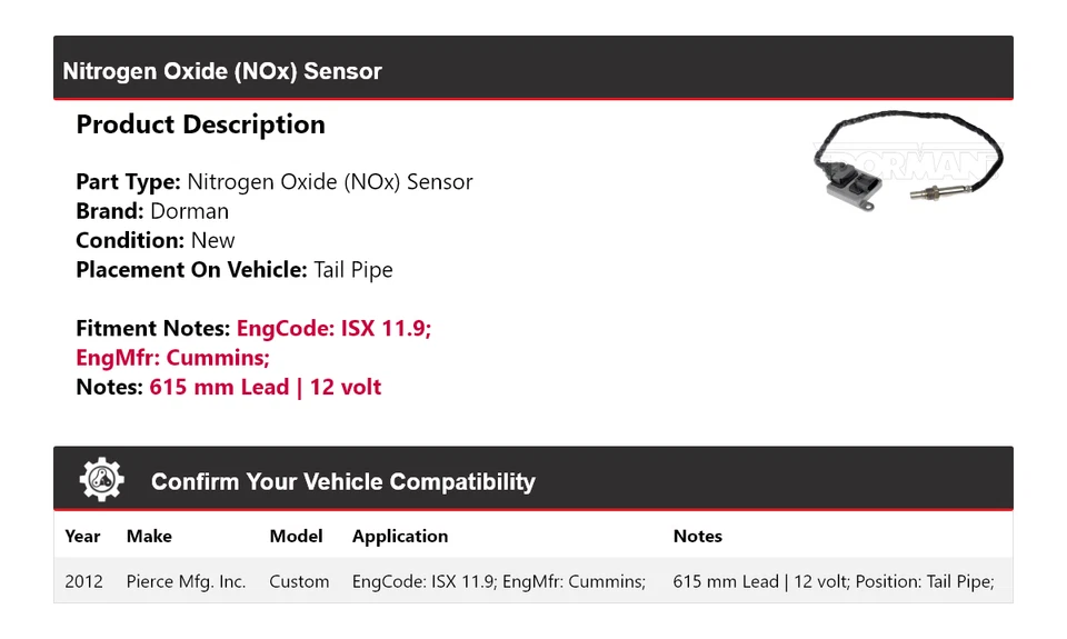 For 2012 Pierce Mfg. Inc. Custom Dorman Nitrogen Oxide (NOx) Sensor Tail Pipe - Image 2 of 4