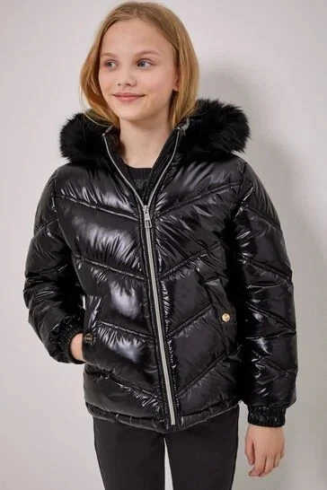 NWT Lipsy Black High Shine Shower Resistant Short Padded Coat Age