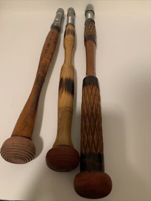 antique wooden fishing pole 3-Fishing Rods Antique Wood Handle Metal Top Vintage Lot Of 3 Gliebe Great  Shape